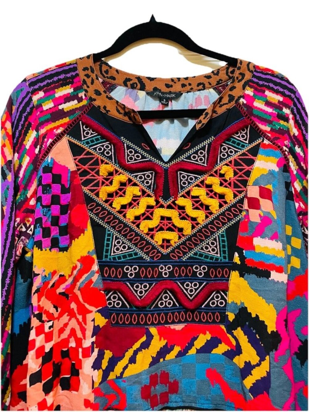 JOHN MARK Multicolor Geometric Floral Embroidered 3/4 Length Sleeve Shirt Sz S - Picture 4 of 8